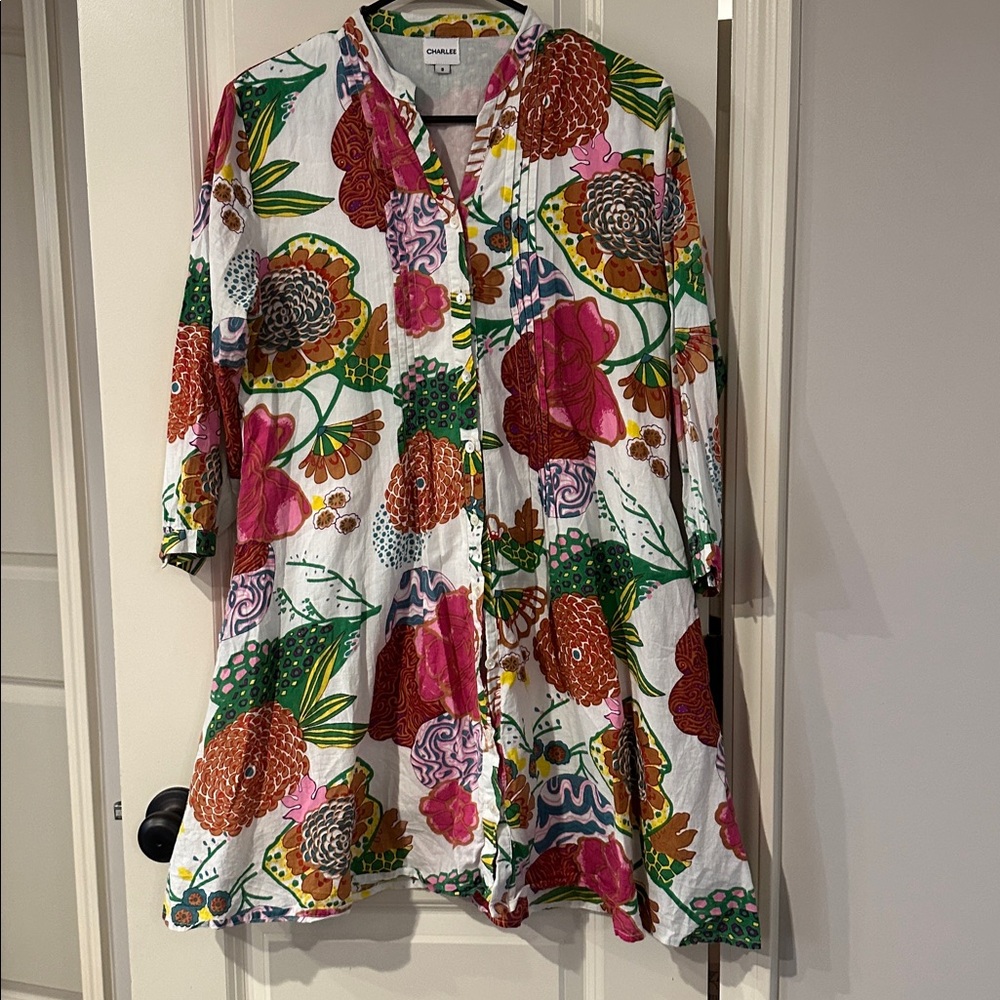 Charlee Floral V-Neck Cotton Dress in White with Multicolor Blooms - Picture 3 of 4